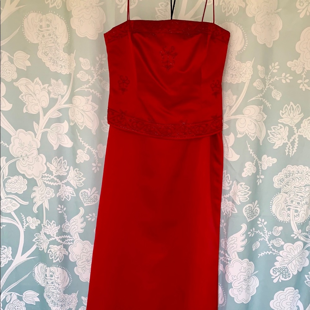 Red evening formal dress, two piece with wrap.